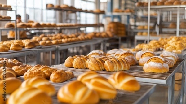 Fototapeta Rows of freshly baked bread and pastries on tables in a bakery.
