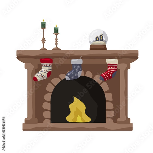 Obraz Cozy fireplace adorned with stockings and festive decorations in a winter setting