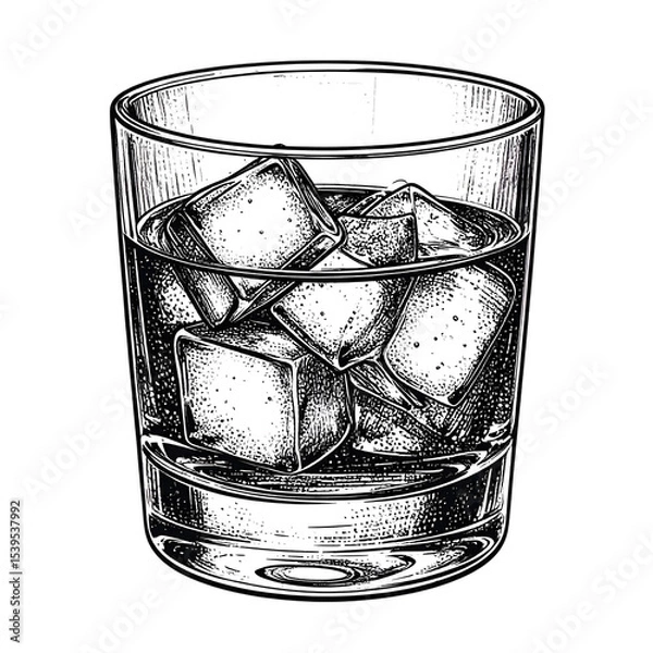 Fototapeta Whiskey with Ice: An intricately detailed hand-drawn illustration of whiskey with ice cubes.