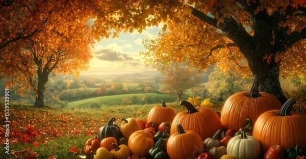 Fototapeta A field of pumpkins and leaves with a tree in the background