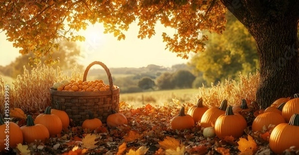 Fototapeta A basket full of pumpkins is sitting in a field of autumn leaves
