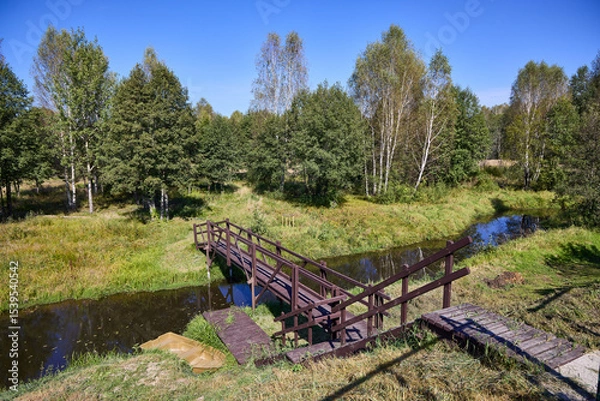 Obraz Serene Forest Lake with Wooden Bridge Reflection
