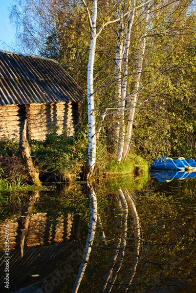 Obraz Tranquil Reflections: House and Trees Mirrored in River