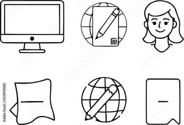 Obraz "Online Education Icon Set with Computer, Student, Notes, and Global Learning Symbols"
