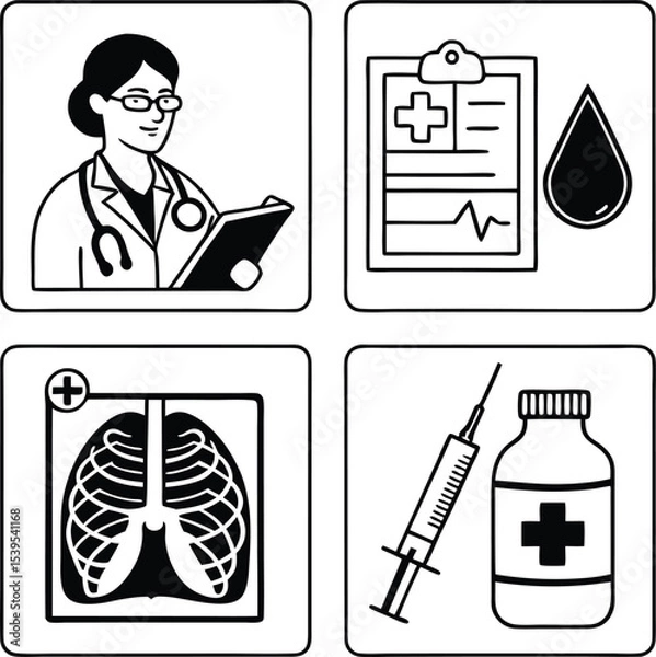 Obraz "Medical Icon Set Featuring Doctor, X-ray, Syringe, Medicine Bottle, and Health Report Symbols"

