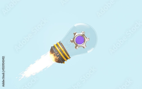 Obraz 3d light bulb jet with gear isolated on blue background. startup, business idea, investment business target concept, 3d render illustration