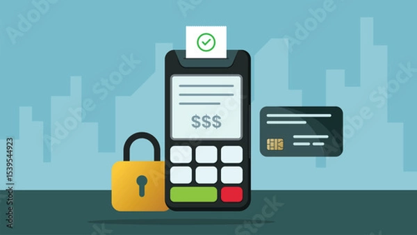 Fototapeta Secure Credit Card Payment with POS Terminal, Lock Icon, and City Background Illustration