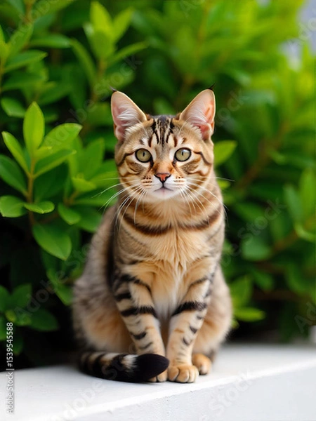 Fototapeta A brown tabby cat with green eyes sitting in front of a green leafy background, looking directly at the camera, with a curious expression
