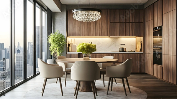 Fototapeta Modern dining room interior features a stylish wooden table and chairs, enhancing the home's luxurious design with natural light from the window
