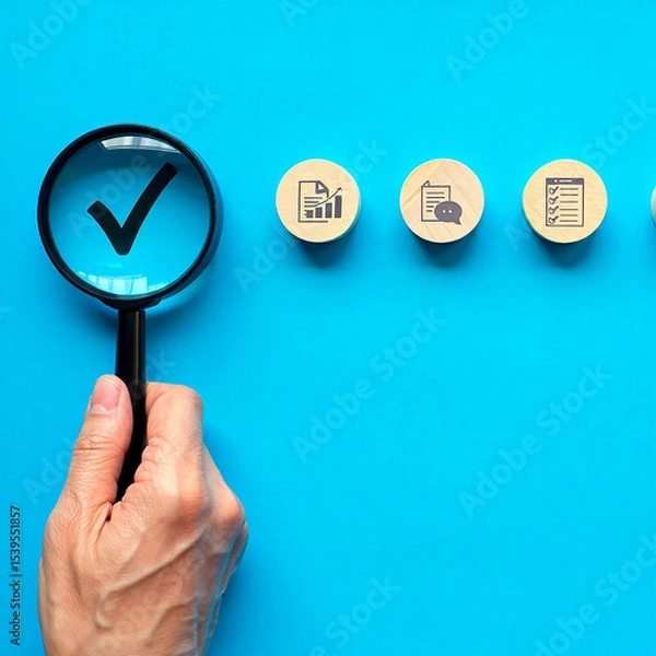 Fototapeta Hand holding magnifying glass focusing on checklist process steps
