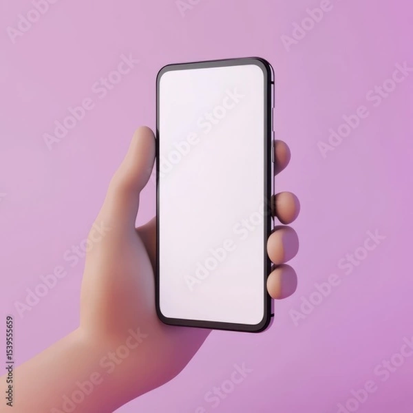 Fototapeta 3D cartoon render of a hand holding a smartphone with a blank white screen, against a purple background