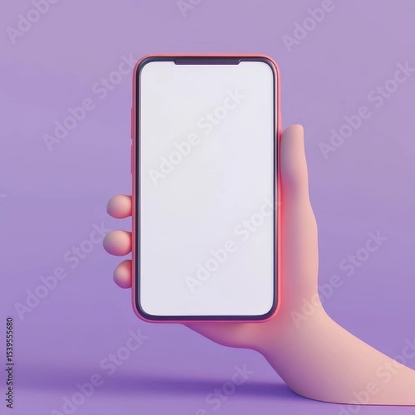 Fototapeta 3D cartoon render of a hand holding a smartphone with a blank white screen, against a purple background