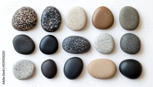 Fototapeta Assorted smooth stones in various shades of brown, gray, and black, arranged in a grid pattern on a white background