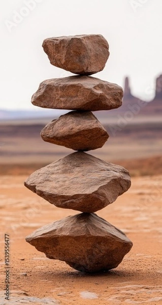 Fototapeta Balanced rocks stacked vertically on sandy ground
