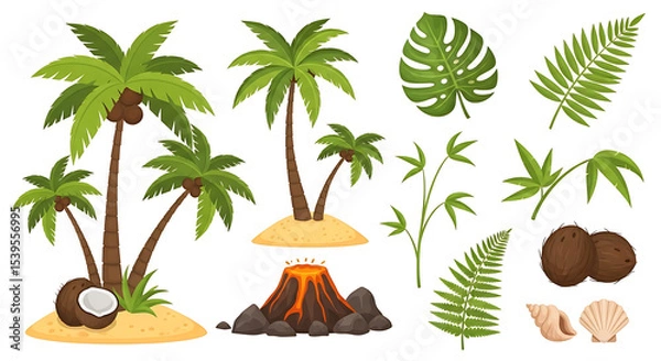 Fototapeta Tropical Island Plants and Rocks Set – Vector Game Elements
