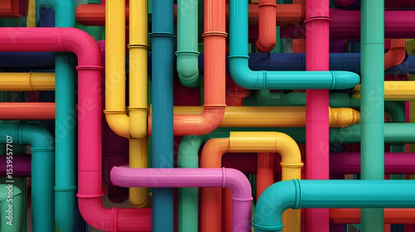 Fototapeta 3d render, abstract background of volumetric maze, tangled colorful tubes, modern multicolored wallpaper Stock Illustration