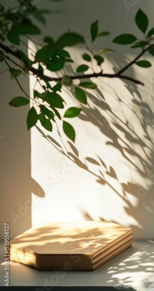 Fototapeta Light-drenched display podium, natural shadows, and foliage