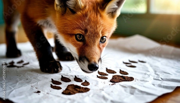 Fototapeta Curious red fox sniffing paw prints on a sheet of paper in a bright indoor setting
