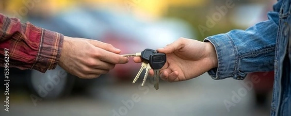 Obraz Car rental service concept: Close-up of a rental agent handing over the car keys to a customer after signing the rental contract., Generative AI