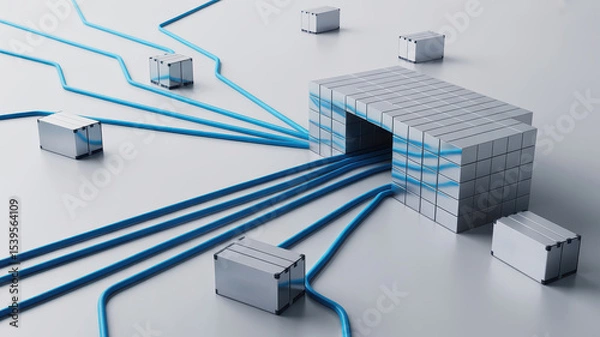 Fototapeta Network of blue cables connects to central cube structure, symbolizing data flow and connectivity