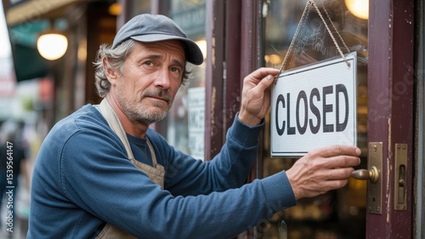 Fototapeta Man in apron and cap is closing shop, placing Closed sign on door with thoughtful expression