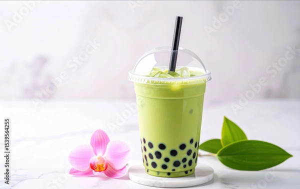 Fototapeta Creamy matcha bubble tea with black tapioca pearls in clear cup, accompanied by pink orchid and green leaves on marble surface