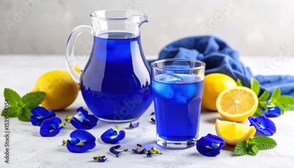 Fototapeta Refreshing glass and pitcher of blue butterfly pea flower tea with lemons and mint on light background
