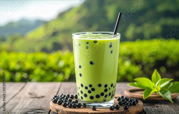 Fototapeta A Refreshing glass of iced matcha bubble tea with black tapioca pearls sits on wooden table, surrounded by lush greenery