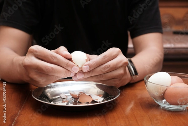 Obraz Close up of a man's hands peeling chicken boiled egg  on the kitchen table, prepares breakfast at home, health care and food concept. Copy space