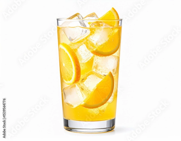 Fototapeta Refreshing glass of orange juice with ice cubes and orange slices on white background