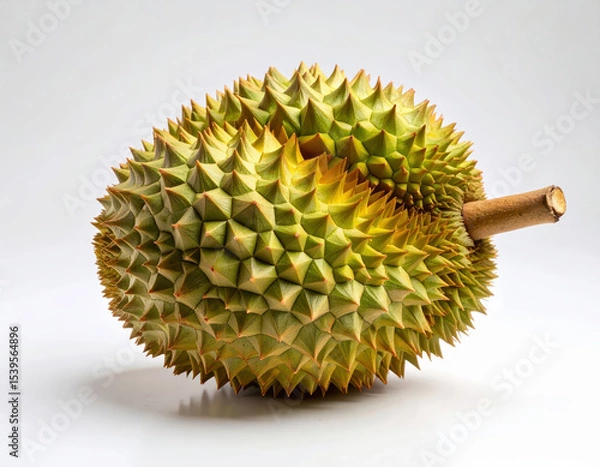 Fototapeta A Spiky durian fruit with thick, thorny shell on white background. fruit is known for its strong aroma and unique flavor