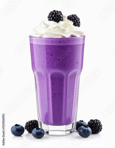 Fototapeta Vibrant purple berry smoothie topped with whipped cream and blackberries, surrounded by fresh blueberries, creates refreshing treat