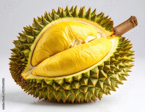 Fototapeta Durian fruit with spiky green shell and yellow flesh, known for its strong aroma and unique taste