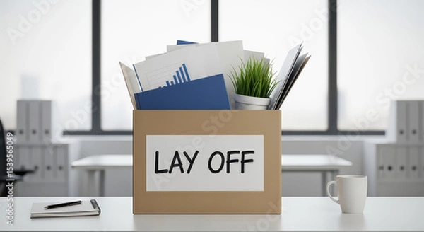 Fototapeta A Cardboard box with office supplies labeled Lay Off on desk, symbolizing job loss. scene is set in modern office environment