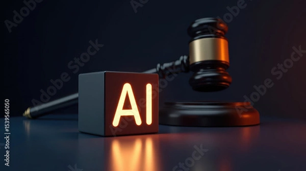 Fototapeta Glowing AI cube sits beside judge gavel, symbolizing intersection of technology and law