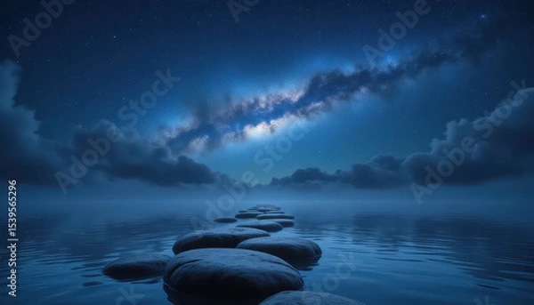 Fototapeta Serene night scene with stone path leading into calm water under starry sky and Milky Way