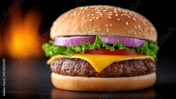 Fototapeta Juicy cheeseburger with lettuce, tomato, and onion on sesame seed bun against fiery background