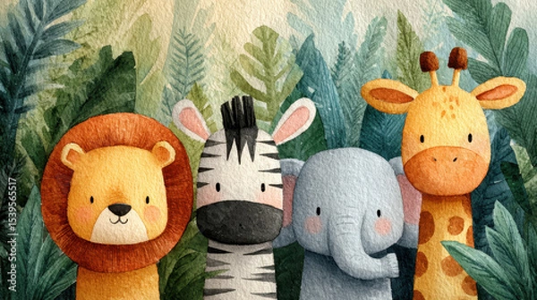 Fototapeta Cute watercolor illustration of lion, zebra, elephant, and giraffe in jungle setting, surrounded by lush green leaves
