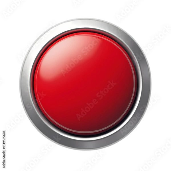 Fototapeta A glossy red button with a silver metallic outer ring frame isolated on transparent background