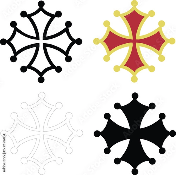 Fototapeta Occitan cross icon. Golden and red occitan cross sign. Black occitan cross symbol. flat style.