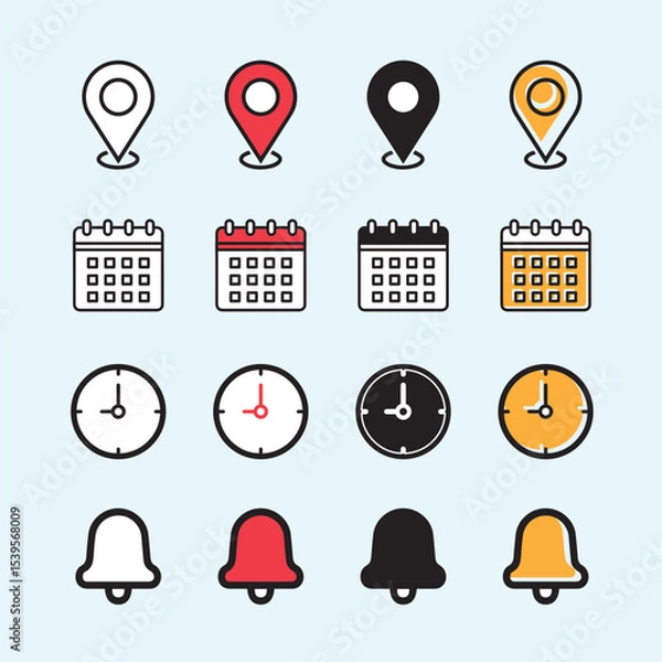 Fototapeta Date, time, address and notification bell icon set. business calendar schedule reminder clock sign and symbols, place pointer map event time elements isolated colorful