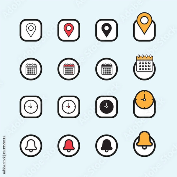 Obraz Date, time, address and notification bell icon set. business calendar schedule reminder clock sign and symbols, place pointer map event time elements isolated colorful