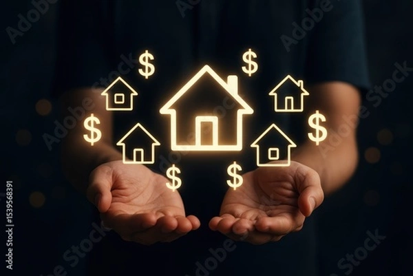Fototapeta Hands Holding Glowing House Icons and Dollar Signs Representing Household Income, Property Investment, and Real Estate Wealth