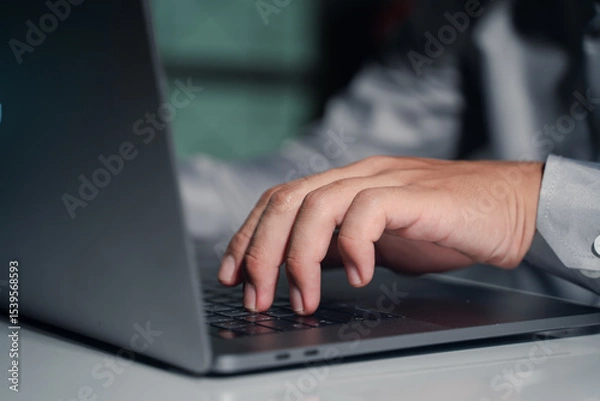 Fototapeta Asian businessman using laptop to calculate business tax and financial data in office