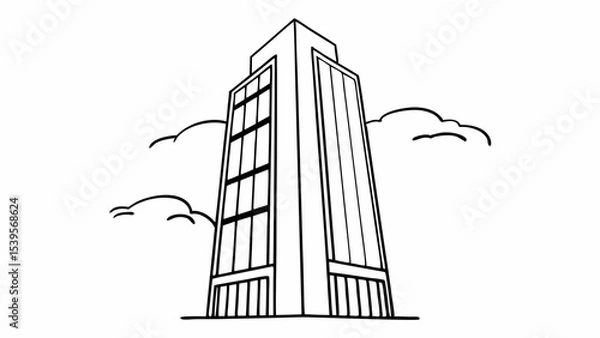 Fototapeta A tall building with many windows rises into the sky surrounded by fluffy clouds in a simple line drawing created with generated ai