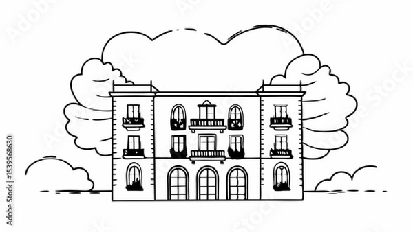Fototapeta Illustration of a grand building with multiple windows and balconies against a cloud background created with generated ai