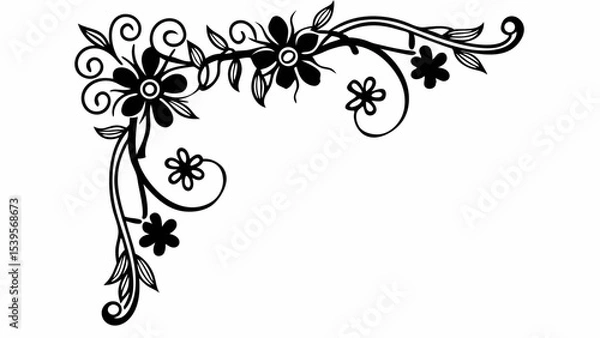 Fototapeta Elegant floral corner design with swirling vines and stylized flowers in black and white illustration style created with generated ai