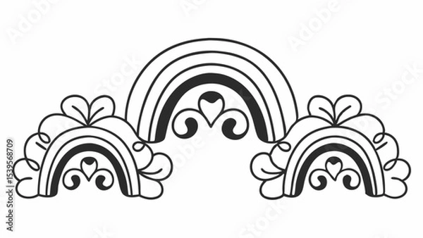 Fototapeta Stylized rainbow design with heart accents and decorative flourishes in black and white outline style created with generated ai