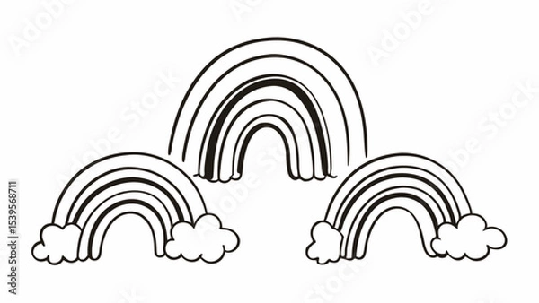 Fototapeta Three black and white rainbows with clouds in a simple line art drawing style illustration design created with generated ai