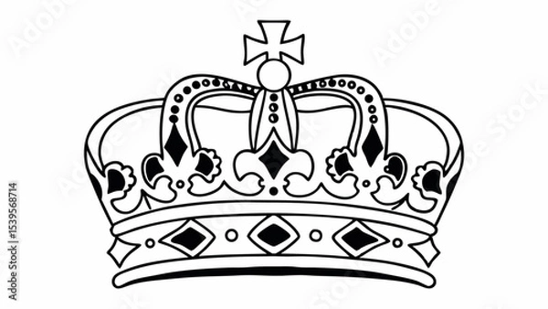 Fototapeta Detailed outline of a royal crown with cross and diamond embellishments on a white background created with generated ai